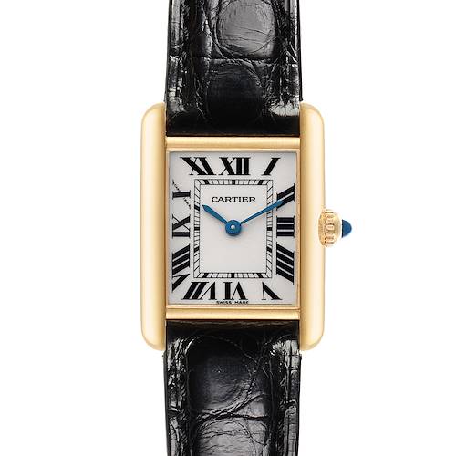 The Cartier Tank Louis W1529856 Women's Yellow Gold Silver Dial W1529856 Women's Yellow Gold Silver Dial watch is shown from a front view, displaying its rectangular gold case, roman numeral dial, and black strap.