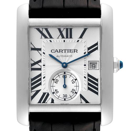 The image shows a front view of the Cartier Tank MC W5330003 Men's Stainless Steel Silver Dial W5330003 Men's Stainless Steel Silver Dial watch, displaying its dial, hands, and date window.