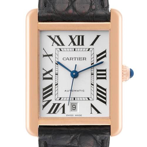 The image shows a front view of the Cartier Tank Solo W5200026 Men's Steel and Gold (two tone) Silver Dial W5200026 Men's Steel and Gold (two tone) Silver Dial watch, focusing on its rectangular dial, Roman numerals, and black leather strap.