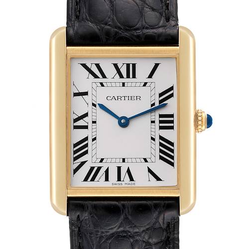 The image shows a front view of the Cartier Tank Solo W1018855 Men's Steel and Gold (two tone) Silver Dial W1018855 Men's Steel and Gold (two tone) Silver Dial watch, highlighting its face, strap, and crown.