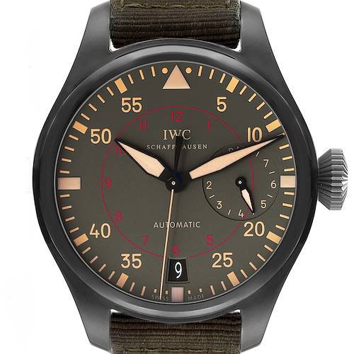 The image shows a front view of an IWC Pilot IW501902 Men's Ceramic Grey Dial IW501902 Men's Ceramic Grey Dial model watch, displaying the dial, hands, and straps.