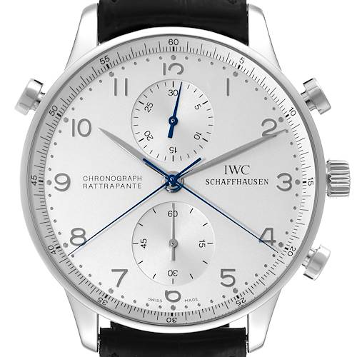 The IWC Portuguese IW3711205 Men's Platinum Silver Dial IW3711205 Men's Platinum Silver Dial model watch is shown from the front, highlighting the face, dial, subdials, and part of the black strap.