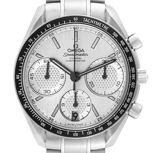 This image shows a frontal view of the Omega Speedmaster 326.30.40.50.02.001 Men's Stainless Steel Silver Dial 326.30.40.50.02.001 Men's Stainless Steel Silver Dial watch face, featuring its chronograph dials and tachymeter bezel.