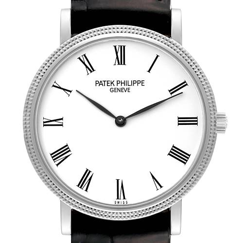 The image shows a front view of a Patek Philippe Calatrava 5120 Men's White Gold White Dial 5120 Men's White Gold White Dial watch, highlighting the dial, Roman numerals, and part of the black leather strap.