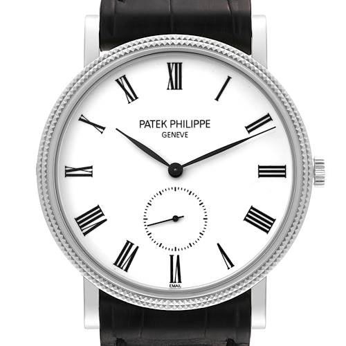 This image shows a front view of the Patek Philippe Calatrava 5116G Men's White Gold White Dial 5116G Men's White Gold White Dial watch, highlighting its face, bezel, and strap.