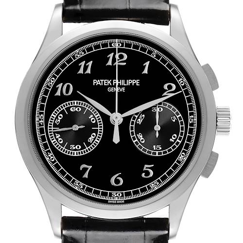 The Patek Philippe Complications 5170G-010 Men's White Gold Black Dial 5170G-010 Men's White Gold Black Dial watch is shown from a front angle, displaying its dial, hands, subdials, and leather strap.