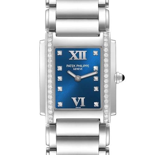 Front view of the Patek Philippe Twenty-4 4910/10A-012 Women's Stainless Steel Blue Dial 4910/10A-012 Women's Stainless Steel Blue Dial watch, showing the face, dial, bracelet, and crown.