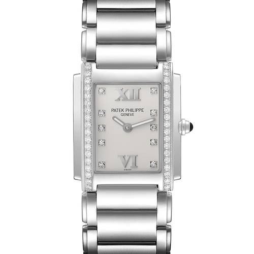 The Patek Philippe Twenty-4 4910 Women's Stainless Steel Silver Dial 4910 Women's Stainless Steel Silver Dial is shown from the front, displaying the face, dial, diamond accents, and part of the bracelet.