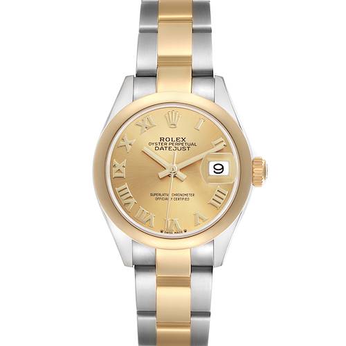 The Rolex Datejust 279163 Women's Steel and Gold (two tone) Champagne Dial 279163 Women's Steel and Gold (two tone) Champagne Dial watch is shown from a front angle, displaying the full face, bezel, and part of the bracelet.