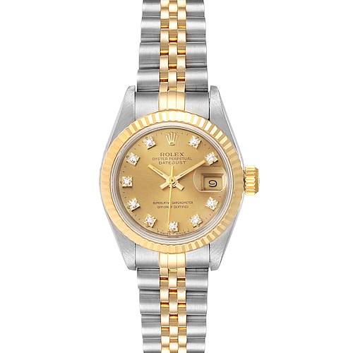 The image shows a front view of a Rolex Datejust 69173 Women's Steel and Gold (two tone) Champagne Dial 69173 Women's Steel and Gold (two tone) Champagne Dial watch, highlighting its dial, bezel, and bracelet.