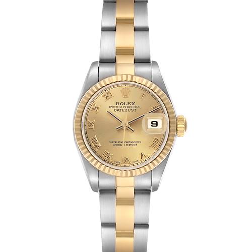 The Rolex Datejust 69173 Women's Steel and Gold (two tone) Champagne Dial 69173 Women's Steel and Gold (two tone) Champagne Dial watch is shown from a top-down angle, featuring the dial, bezel, and part of the two-tone bracelet.