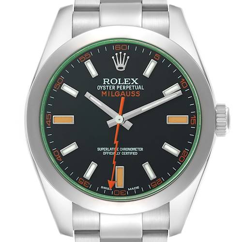 The image shows a front view of the Rolex Milgauss 116400 Men's Stainless Steel Black Dial 116400 Men's Stainless Steel Black Dial watch, highlighting its black dial and distinctive orange lightning bolt second hand.