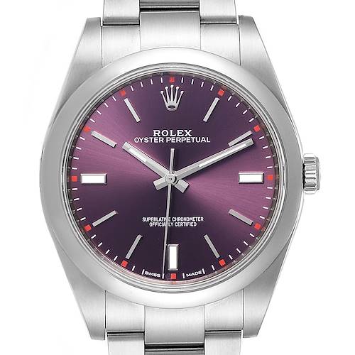 The image shows a close-up view of the Rolex Oyster Perpetual 114300 Men's Stainless Steel Burgundy Dial 114300 Men's Stainless Steel Burgundy Dial watch, highlighting the dial, crown, and part of the bracelet.