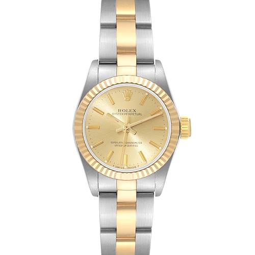 The Rolex Oyster Perpetual 67193 Women's Steel and Gold (two tone) Champagne Dial 67193 Women's Steel and Gold (two tone) Champagne Dial watch is shown from a top-down angle, highlighting the dial, bezel, and two-tone bracelet.