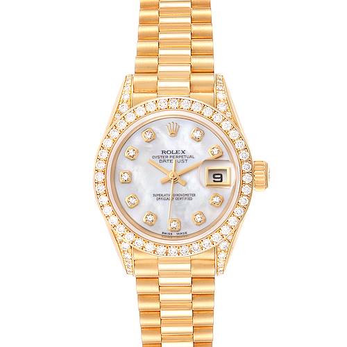 The image shows a Rolex President 69158 Women's Yellow Gold Mother of Pearl Dial 69158 Women's Yellow Gold Mother of Pearl Dial model watch from the front, showcasing the face, bezel, and bracelet.