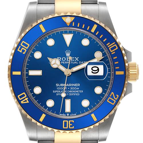 The image shows a frontal view of the Rolex Submariner 126613 Men's Steel and Gold (two tone) Blue Dial 126613 Men's Steel and Gold (two tone) Blue Dial, displaying the blue dial, bezel, and part of the bracelet.