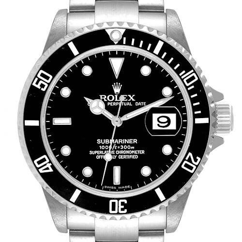 The Rolex Submariner 16610 Men's Stainless Steel Black Dial 16610 Men's Stainless Steel Black Dial watch is shown from the front, displaying the dial, bezel, hands, markers, and part of the bracelet.