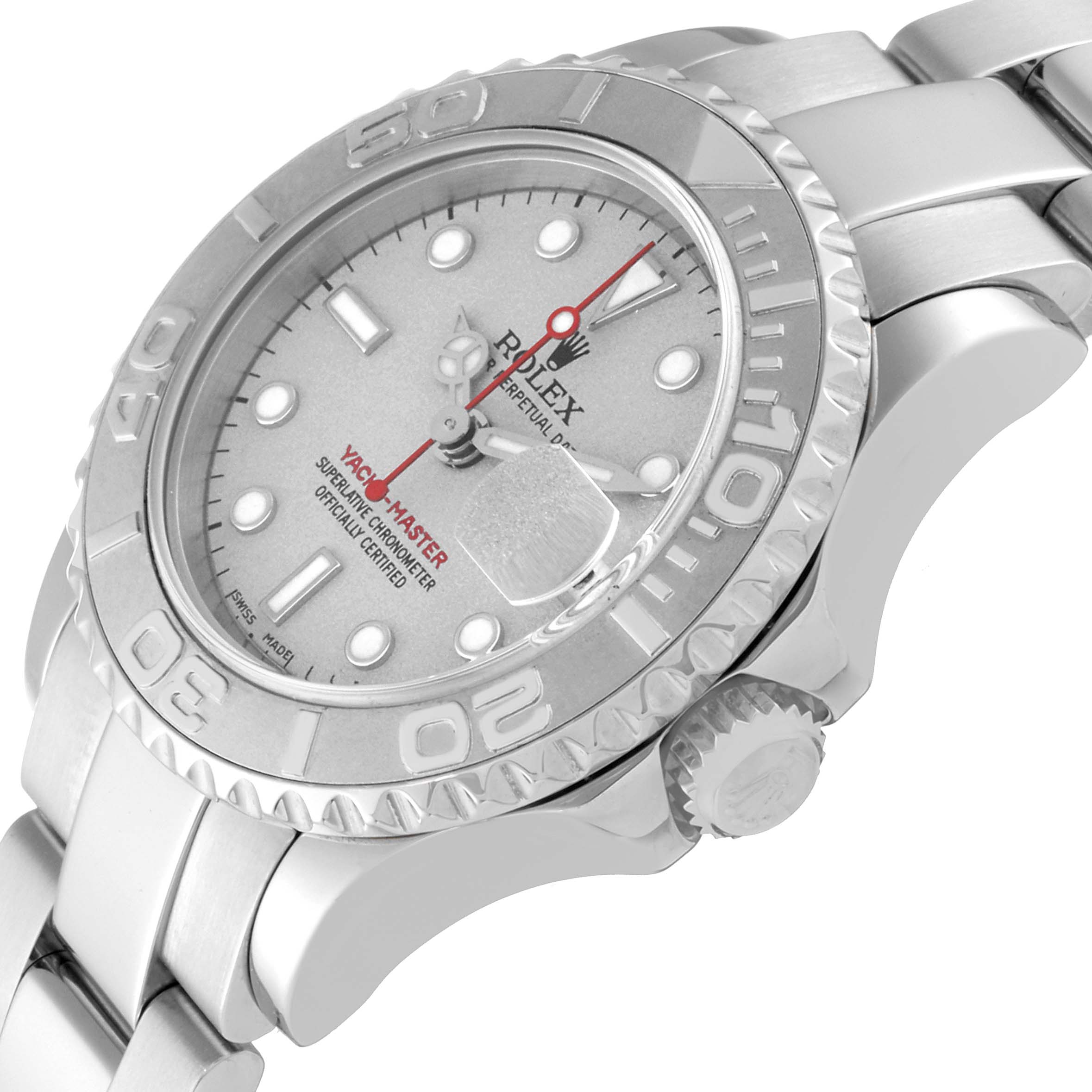 The image shows a close-up angle of the Rolex Yacht-Master 169622 Women's Stainless Steel Silver Dial 169622 Women's Stainless Steel Silver Dial watch's dial, bezel, and crown.
