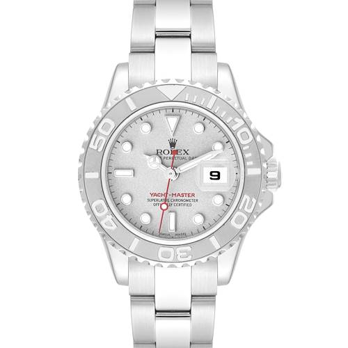 The image shows the Rolex Yacht-Master 169622 Women's Stainless Steel Silver Dial 169622 Women's Stainless Steel Silver Dial watch from a front view, displaying the dial, bezel, and part of the bracelet.