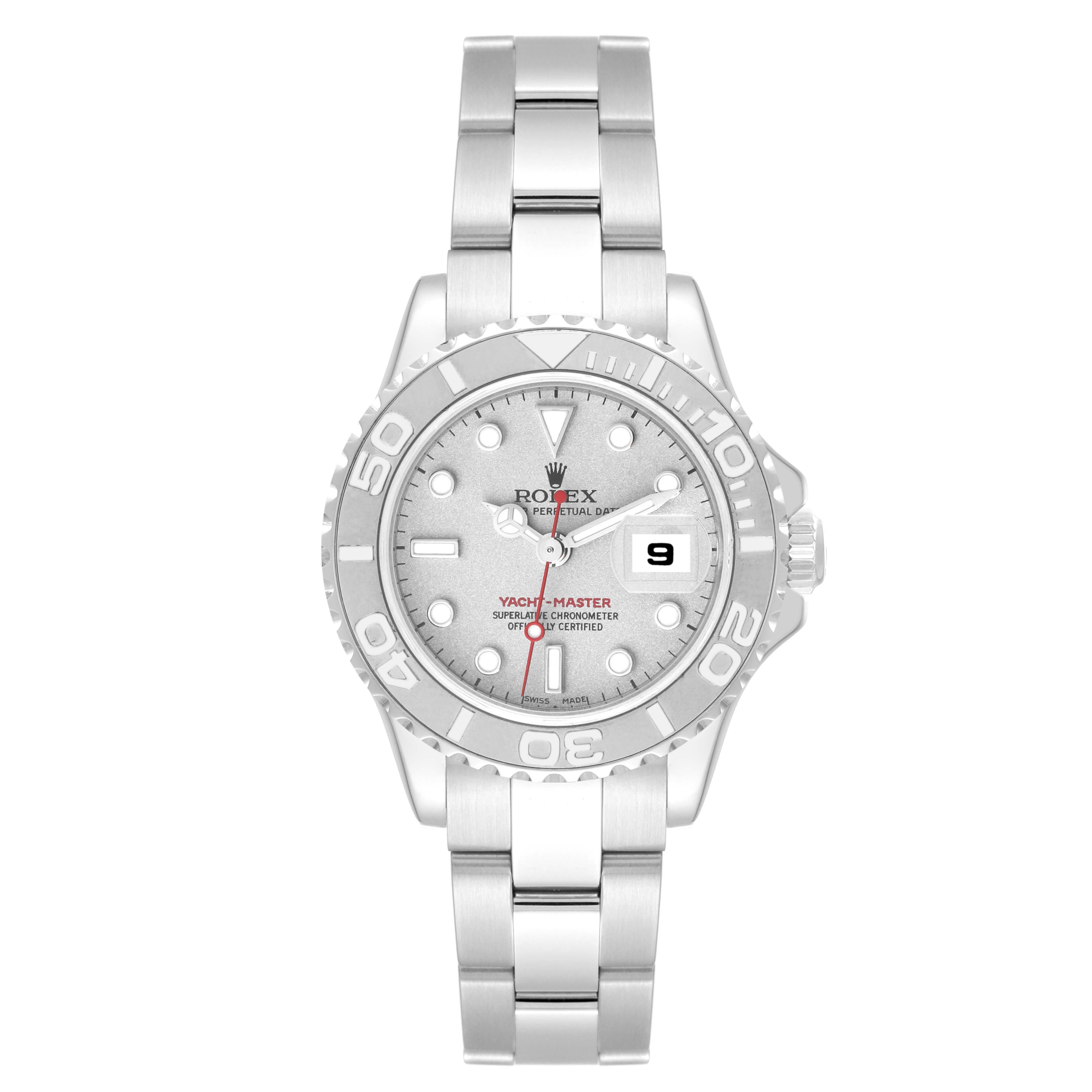 This image shows a front view of the Rolex Yacht-Master 169622 Women's Stainless Steel Silver Dial 169622 Women's Stainless Steel Silver Dial watch, including the dial, bezel, and bracelet.