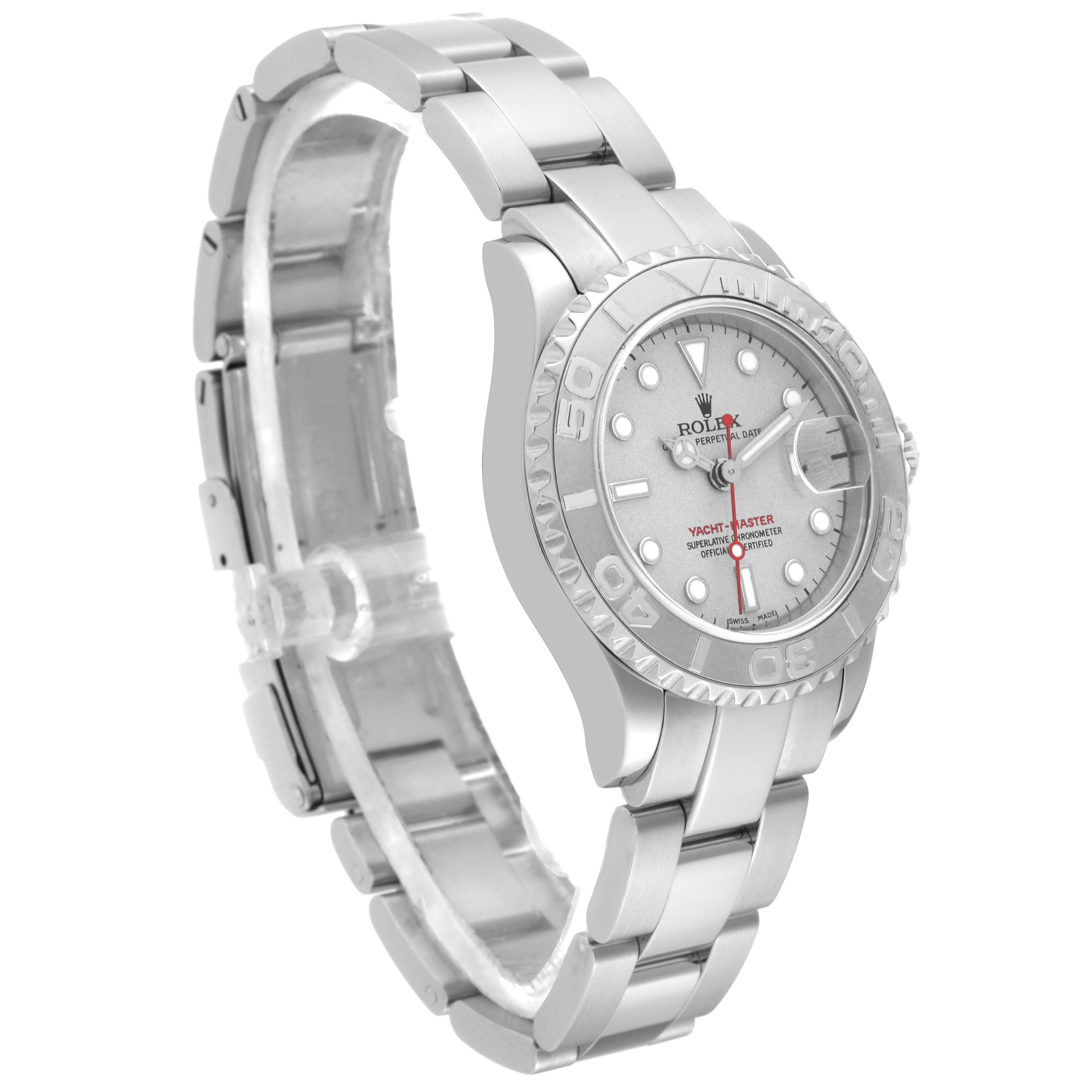 This image shows a side angle of the Rolex Yacht-Master 169622 Women's Stainless Steel Silver Dial 169622 Women's Stainless Steel Silver Dial watch with its bracelet, dial, and bezel in view.