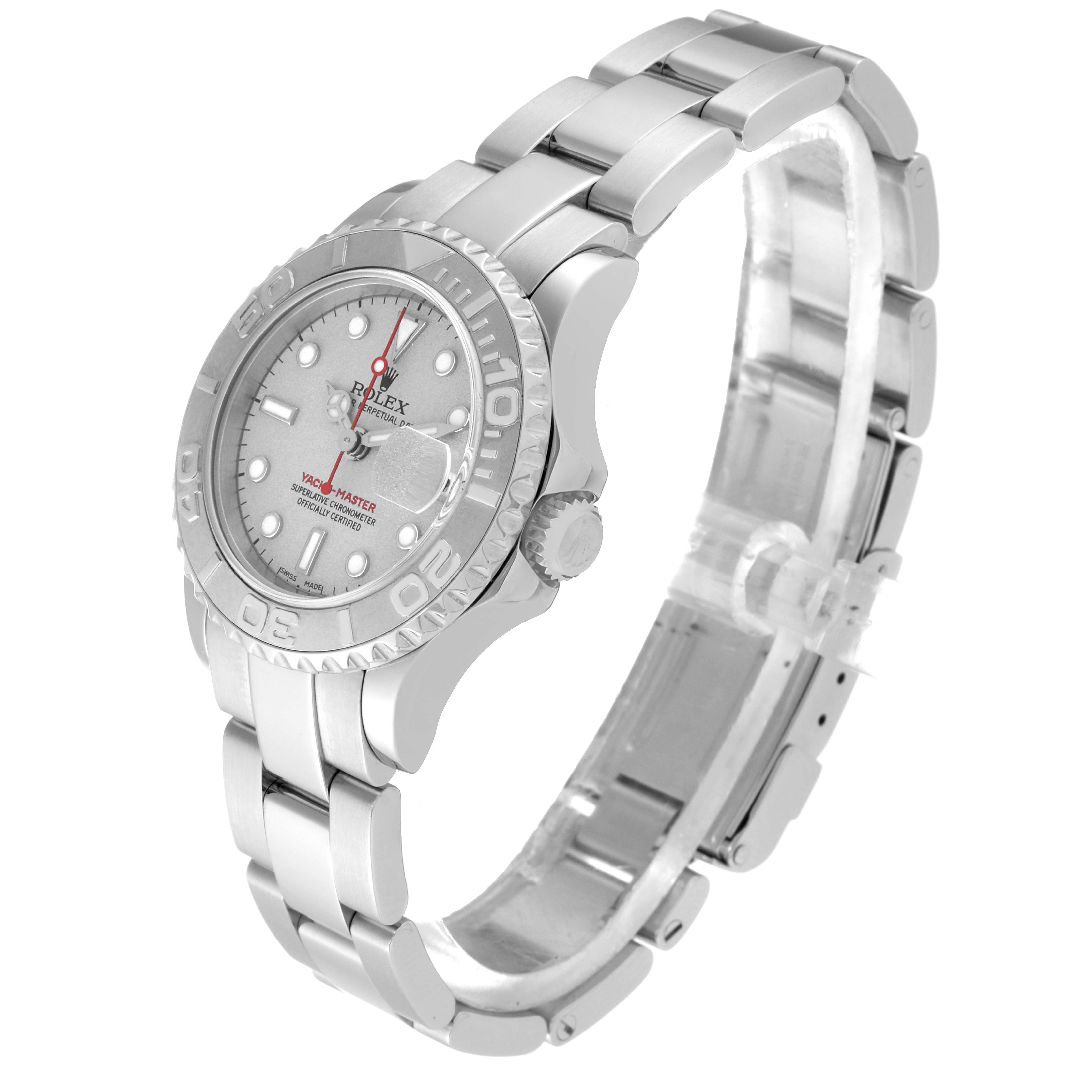 The image shows an angled view of a Rolex Yacht-Master 169622 Women's Stainless Steel Silver Dial 169622 Women's Stainless Steel Silver Dial watch, featuring its bezel, dial, crown, and bracelet.
