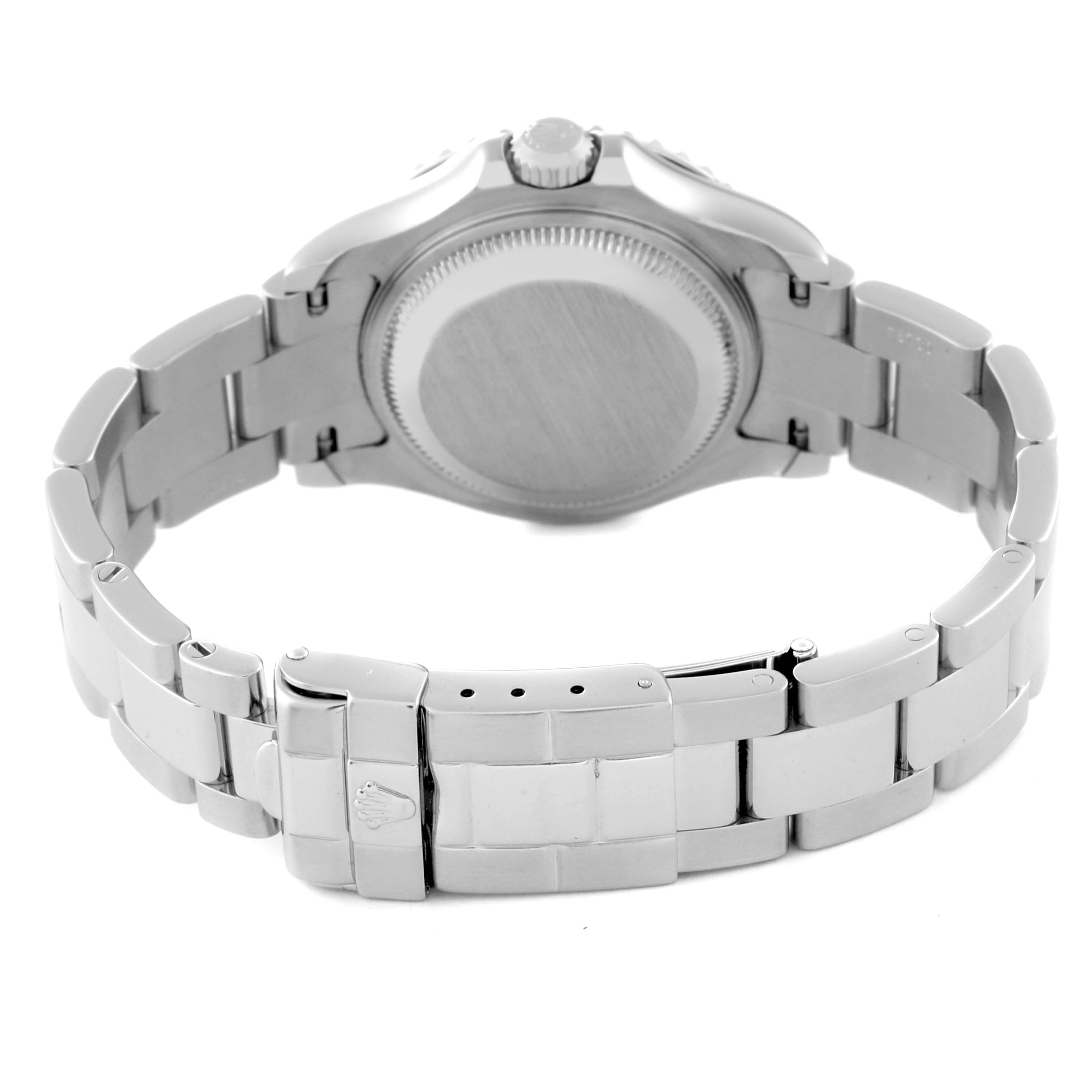 The image displays the back view of a Rolex Yacht-Master 169622 Women's Stainless Steel Silver Dial 169622 Women's Stainless Steel Silver Dial watch, highlighting its case back, bracelet, and clasp.