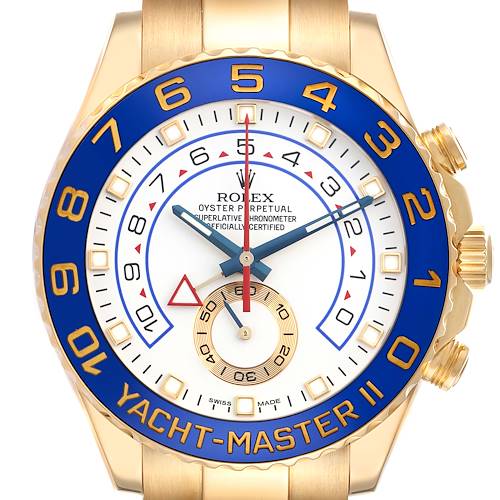The Rolex Yacht-Master 116688 Men's Yellow Gold White Dial 116688 Men's Yellow Gold White Dial watch is shown from a top-down angle, highlighting the face, bezel, crown, and part of the bracelet.