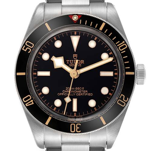 The image shows a front view of the Tudor Heritage Black Bay M79030N-0001 Men's Stainless Steel Black Dial M79030N-0001 Men's Stainless Steel Black Dial watch, highlighting the dial, bezel, and part of the bracelet.