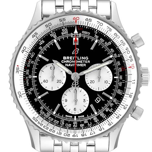 The image shows a frontal view of the Breitling Navitimer AB0127 Men's Stainless Steel Black Dial AB0127 Men's Stainless Steel Black Dial watch, highlighting its dial, subdials, bezel, and bracelet.