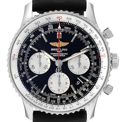 The image shows a Breitling Navitimer AB0120 Men's Stainless Steel Black Dial AB0120 Men's Stainless Steel Black Dial watch, displaying its face with three sub-dials, rotating bezel, and chronograph functions.