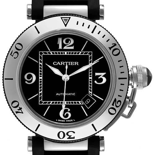 The Cartier Pasha W31077U2 Men's Stainless Steel Black Dial W31077U2 Men's Stainless Steel Black Dial watch is shown from a straight-on angle, featuring the entire face, bezel, and crown.