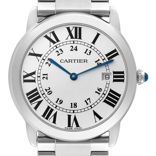 This is a close-up of the dial and bezel of the Cartier Ronde W6701005 Men's Stainless Steel Silver Dial W6701005 Men's Stainless Steel Silver Dial watch, showing Roman numerals and a date window.