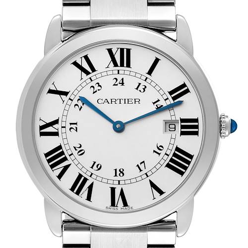 The image shows a close-up, front view of a Cartier Ronde W6701005 Men's Stainless Steel Silver Dial W6701005 Men's Stainless Steel Silver Dial watch with its dial, hands, and part of the bracelet visible.