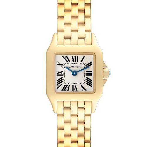 The Cartier Santos Demoiselle W25063X9 Women's Yellow Gold Silver Dial W25063X9 Women's Yellow Gold Silver Dial watch is shown in a front view, highlighting the face, bezel, and part of the bracelet.
