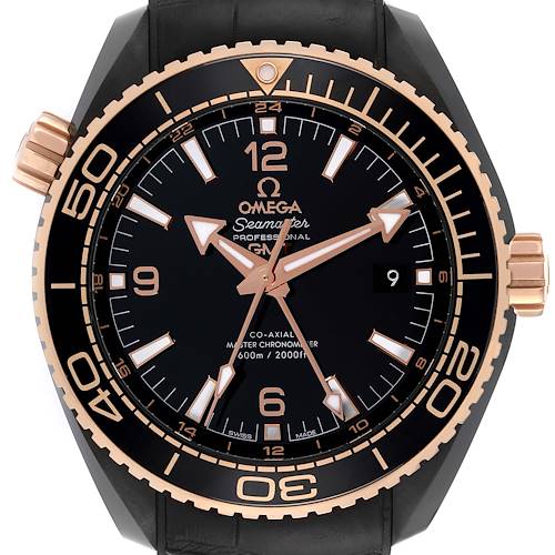 The Omega Planet Ocean 215.63.46.22.01.001 Men's Ceramic Black Dial 215.63.46.22.01.001 Men's Ceramic Black Dial watch is shown from a front angle, highlighting the face, bezel, crown, and strap.