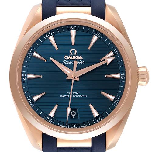 This image shows a front view of an Omega Aqua Terra 220.52.41.21.03.001 Men's Rose Gold Blue Dial 220.52.41.21.03.001 Men's Rose Gold Blue Dial watch, displaying its blue dial, gold hands and indices, date window, and crown.