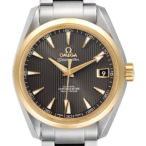 The image shows a frontal view of an Omega Seamaster Aqua Terra watch featuring a black dial, gold bezel, and stainless steel bracelet.