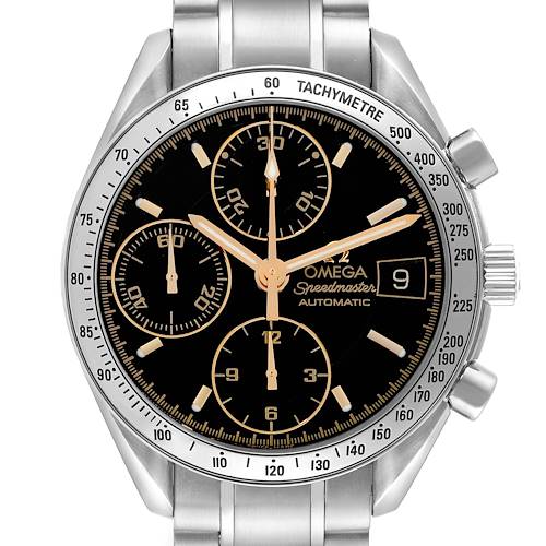 The Omega Speedmaster 3513.54.00 Men's Stainless Steel Black Dial 3513.54.00 Men's Stainless Steel Black Dial is shown from the front, highlighting its black dial, chronograph subdials, tachymeter bezel, and date window.
