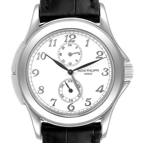 This image shows a front view of the Patek Philippe Calatrava 5134G Men's White Gold White Dial 5134G Men's White Gold White Dial watch, highlighting the dial, hour markers, hands, and leather strap.