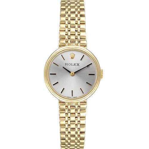 The image shows a Rolex Cocktail  Women's Yellow Gold Silver Dial  Women's Yellow Gold Silver Dial model watch from a front view, featuring the dial, hands, and gold bracelet.