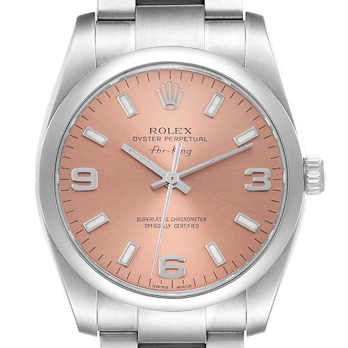 The image shows a front view of a Rolex Air-King 114200 Men's Stainless Steel Pink Dial 114200 Men's Stainless Steel Pink Dial watch, highlighting the dial, hands, markers, and part of the bracelet.