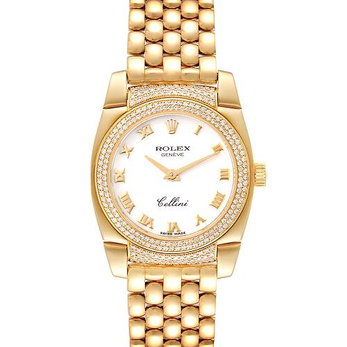 The Rolex Cellini 6311 Women's Yellow Gold White Dial 6311 Women's Yellow Gold White Dial watch is shown from a top-down angle, highlighting the gold case, diamond bezel, and bracelet.