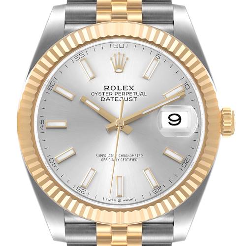 The image shows a front view of the Rolex Datejust 41 126333 Men's Steel and Gold (two tone) Silver Dial 126333 Men's Steel and Gold (two tone) Silver Dial watch, highlighting its dial, bezel, hands, and part of the bracelet.