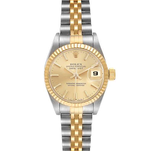 The Rolex Datejust 69173 Women's Steel and Gold (two tone) Champagne Dial 69173 Women's Steel and Gold (two tone) Champagne Dial is shown from the front, highlighting the dial, two-tone bracelet, bezel, and date window.