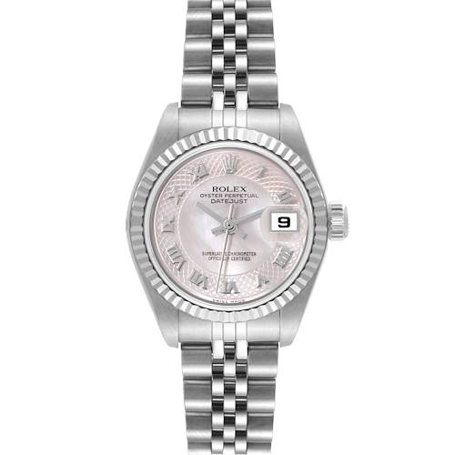 The image shows a frontal view of a Rolex Datejust 79174 Women's Stainless Steel Mother of Pearl Dial 79174 Women's Stainless Steel Mother of Pearl Dial watch, featuring the dial, bezel, bracelet, and date display.