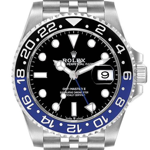 This image shows a front view of the Rolex GMT-Master 126710 Men's Stainless Steel Black Dial 126710 Men's Stainless Steel Black Dial II watch, highlighting the dial, bezel, and bracelet.