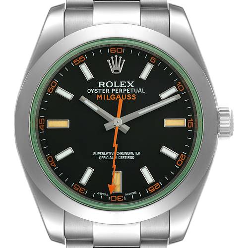 The image shows a front view of the Rolex Milgauss 116400GV Men's Stainless Steel Black Dial 116400GV Men's Stainless Steel Black Dial watch, highlighting its dial, hands, and bracelet.