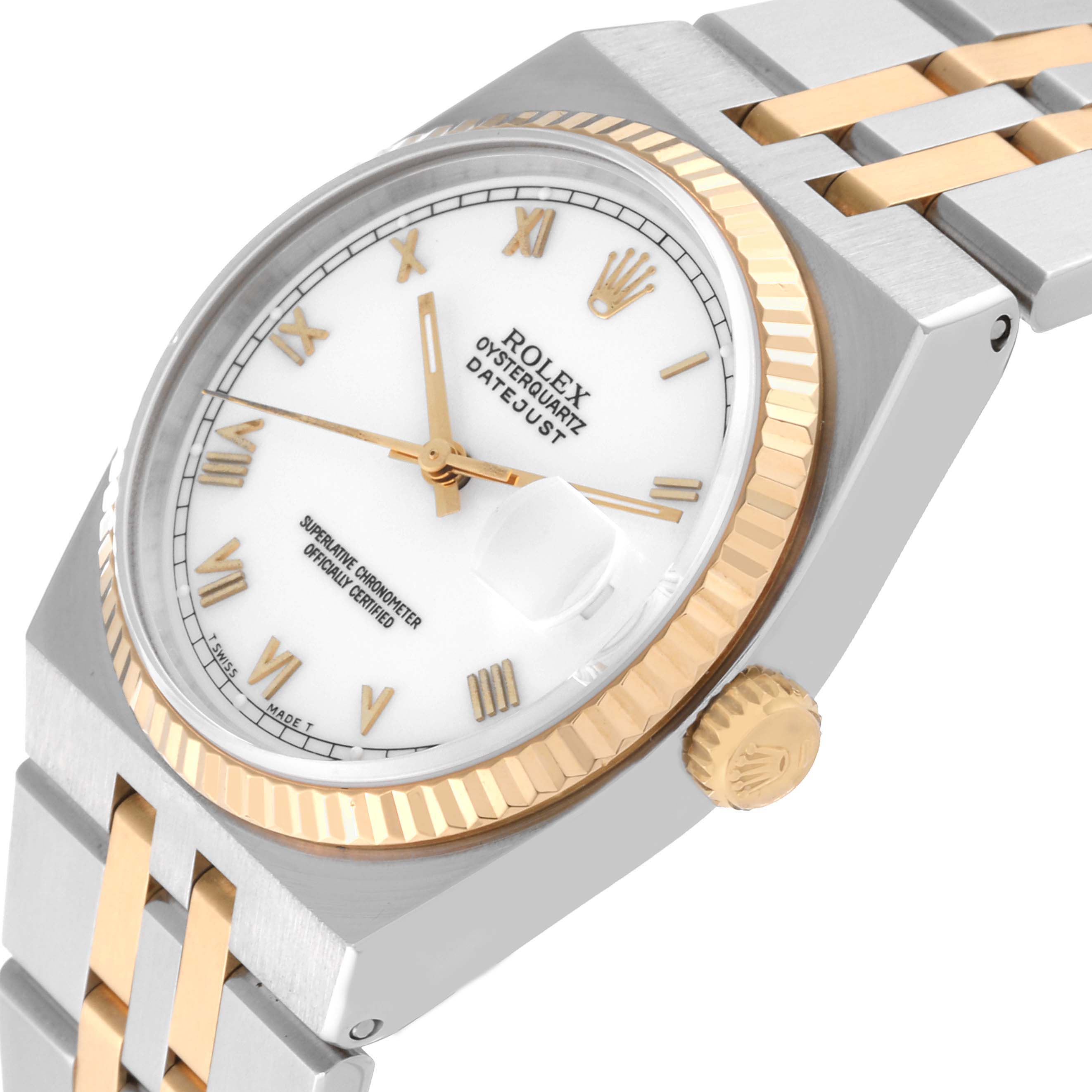 This image shows a close-up angled view of the Rolex Oysterquartz 17013 Men's Steel and Gold (two tone) White Dial 17013 Men's Steel and Gold (two tone) White Dial watch, highlighting its white dial, gold bezel, and two-tone bracelet.