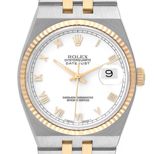 The image showcases the dial of the Rolex Oysterquartz 17013 Men's Steel and Gold (two tone) White Dial 17013 Men's Steel and Gold (two tone) White Dial Datejust watch, highlighting its hands, bezel, and date window.